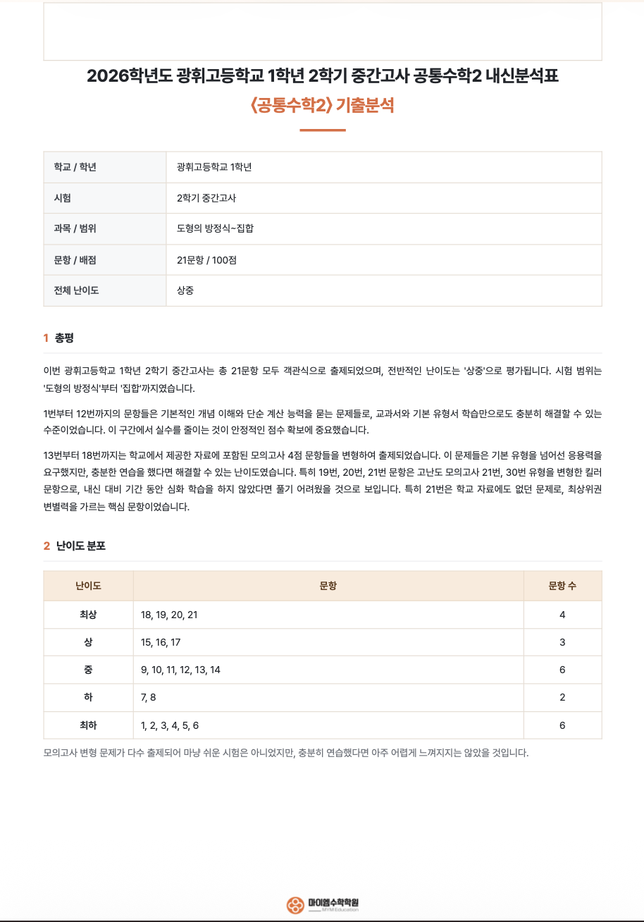 광휘고등학교 1학년 기출분석 1