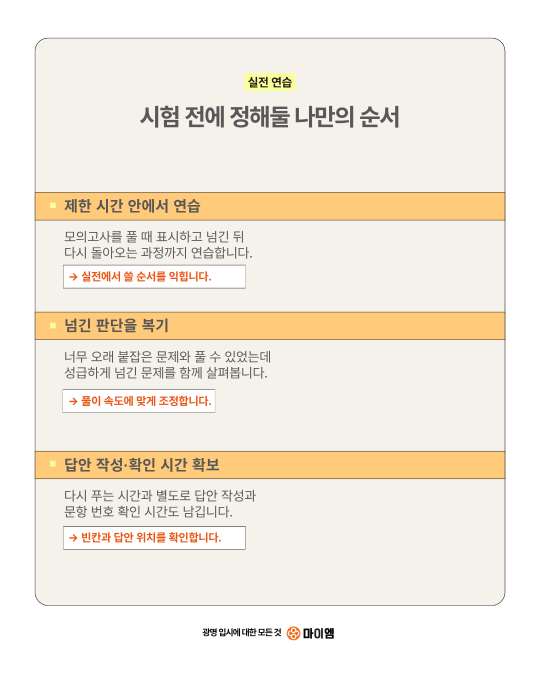 실전 연습: 제한 시간 안에서 연습, 넘긴 판단 복기, 답안 작성과 확인 시간 확보